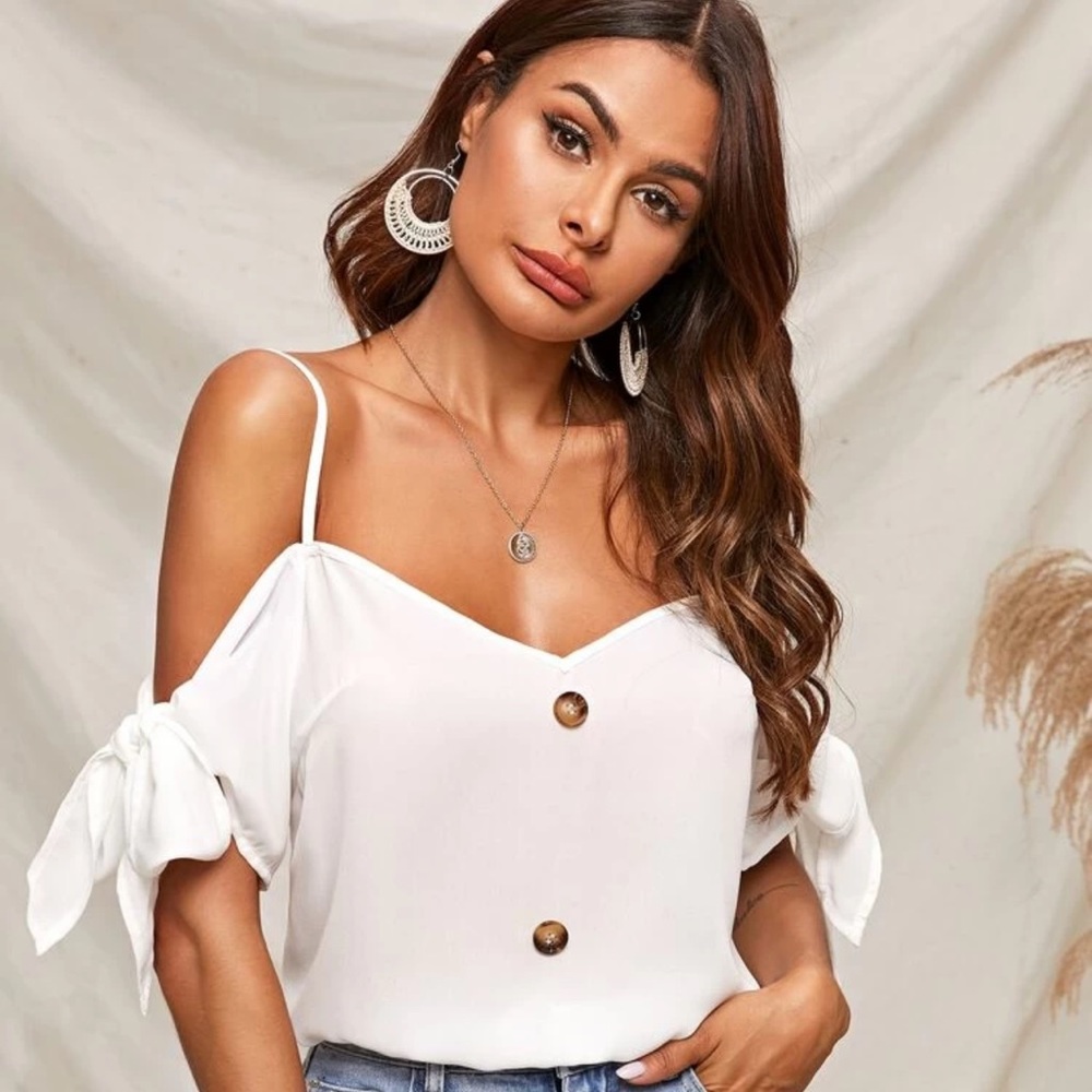 *White V-Neck Button Front Top - Picture 5 of 5